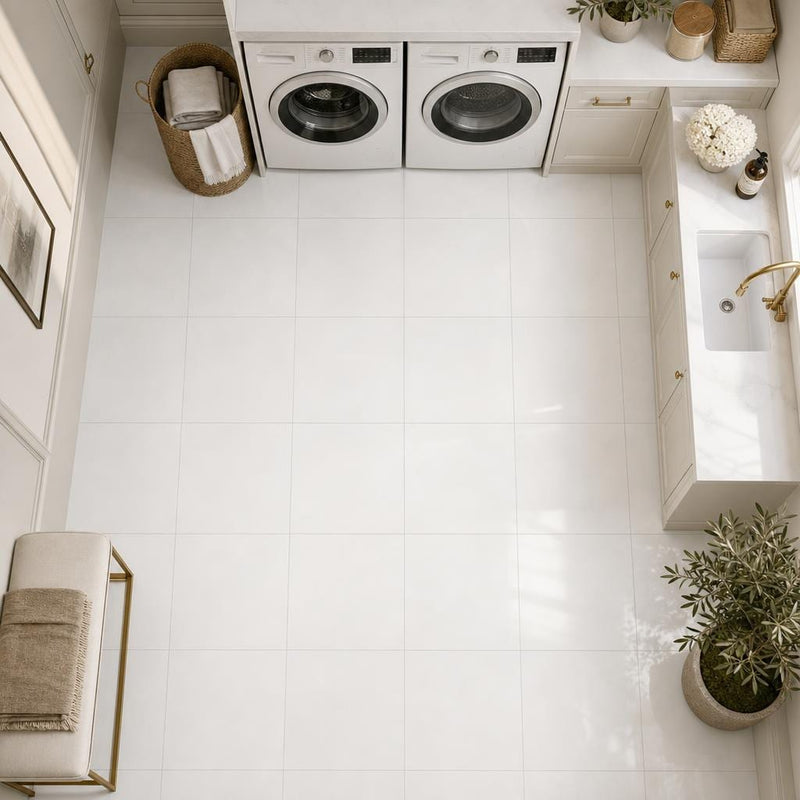 Thassos White AA Select 12x12 Polished Natural Marble Tile — Laundry Room floor