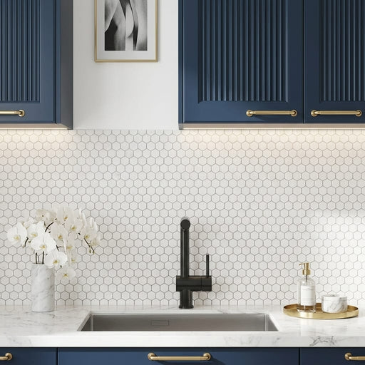 Thassos White (Greek) Marble 1x1 Honed Hexagon Mosaic — Kitchen backsplash
