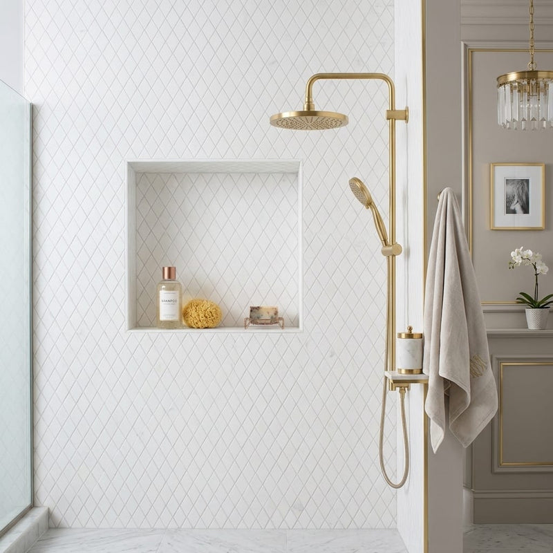 Thassos White (Greek) Marble 1x2 Honed Diamond / Rhomboid Mosaic — Bathroom shower wall