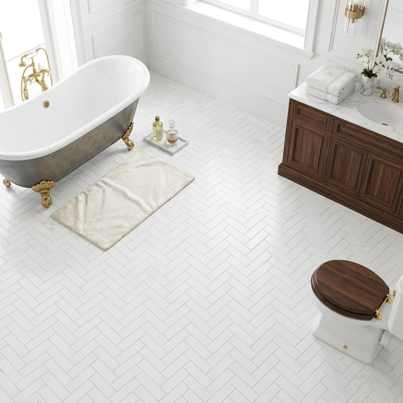 Thassos White (Greek) Marble 1x3 Honed Herringbone Mosaic — Bathroom floor