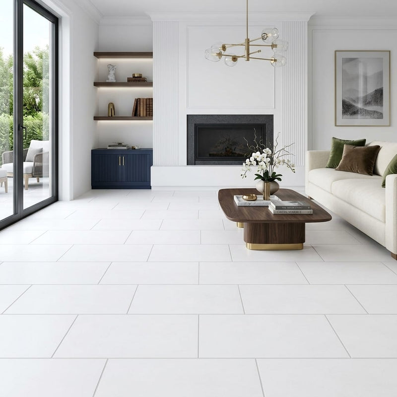 Thassos White (Greek) Marble 12x24 Honed Tile — Living Room floor
