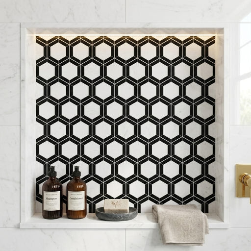 Thassos White (Greek) Marble 2x2 Honed Hexagon Mosaic Vortex Hexagon (w/ Black) — Bathroom niche