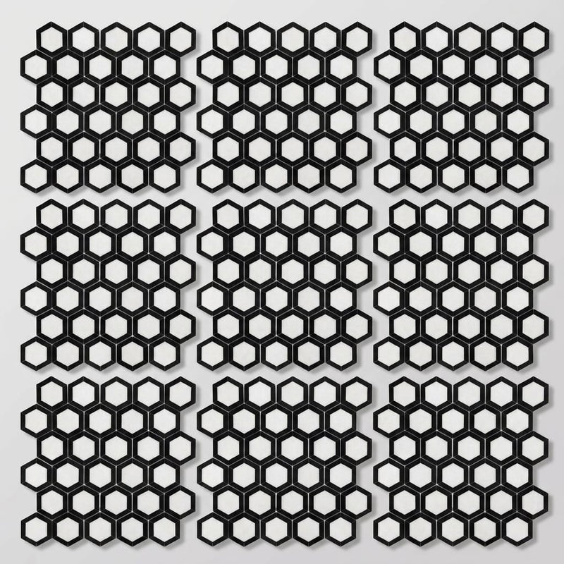 Thassos White (Greek) Marble 2x2 Honed Hexagon Mosaic Vortex Hexagon (w/ Black) close-up