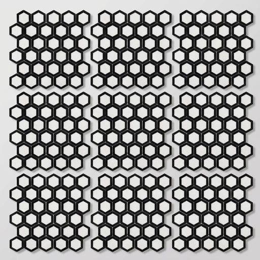 Thassos White (Greek) Marble 2x2 Honed Hexagon Mosaic Vortex Hexagon (w/ Black) close-up