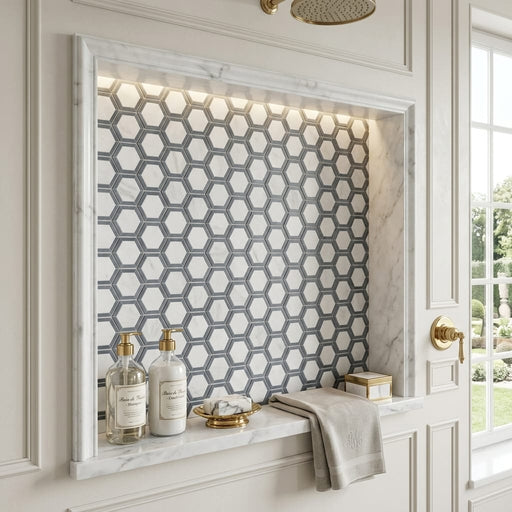 Thassos White (Greek) Marble 2x2 Honed Hexagon Mosaic Vortex Hexagon (w/ Blue-Gray) — Bathroom niche