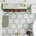Thassos White (Greek) Marble 2x2 Honed Hexagon Mosaic Vortex Hexagon (w/ Ming Green) — Bathroom floor