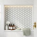 Thassos White (Greek) Marble 2x2 Honed Hexagon Mosaic Vortex Hexagon (w/ Ming Green) — Bathroom niche