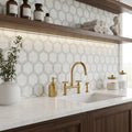 Thassos White (Greek) Marble 2x2 Honed Hexagon Mosaic Vortex Hexagon (w/ Ming Green) — Kitchen backsplash