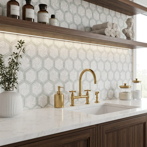 Thassos White (Greek) Marble 2x2 Honed Hexagon Mosaic Vortex Hexagon (w/ Ming Green) — Kitchen backsplash