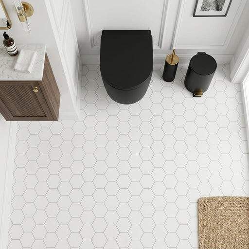 Thassos White (Greek) Marble 2x2 Honed Hexagon Mosaic — Powder Room floor