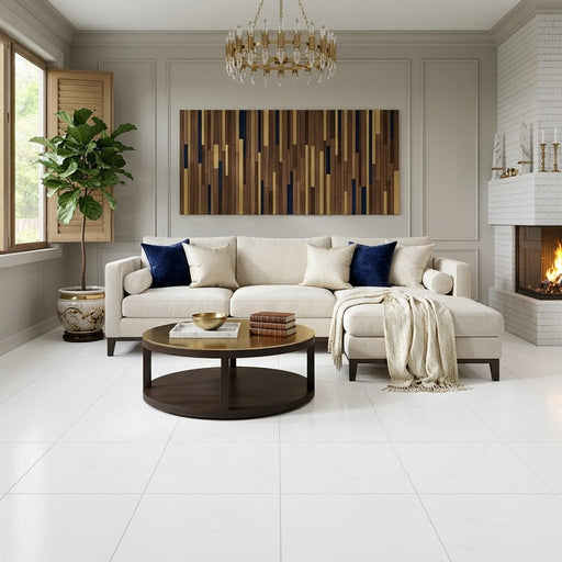 Thassos White (Greek) Marble 24x24 Honed Tile — Living Room floor