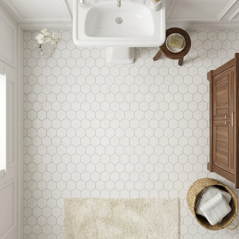 Thassos White (Greek) Marble 3x3 Honed Hexagon Mosaic — Bathroom floor