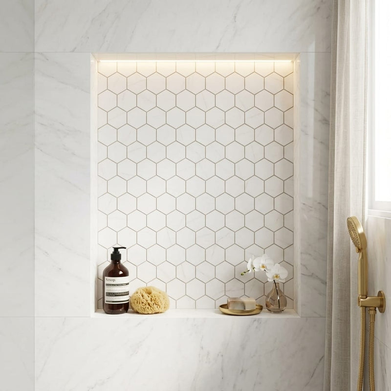 Thassos White (Greek) Marble 3x3 Honed Hexagon Mosaic — Bathroom niche