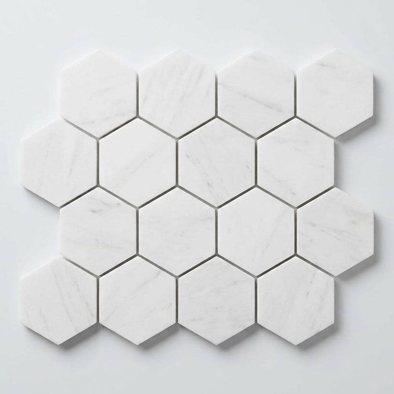 Thassos White (Greek) Marble 3x3 Honed Hexagon Mosaic close-up