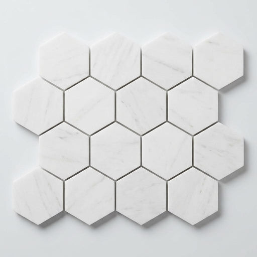 Thassos White (Greek) Marble 3x3 Honed Hexagon Mosaic close-up