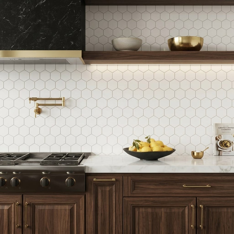 Thassos White (Greek) Marble 3x3 Honed Hexagon Mosaic — Kitchen backsplash
