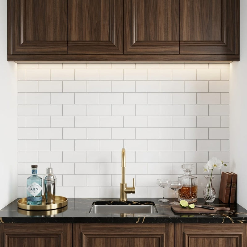 Thassos White (Greek) Marble 3x6 Honed Tile — Wet Bar backsplash