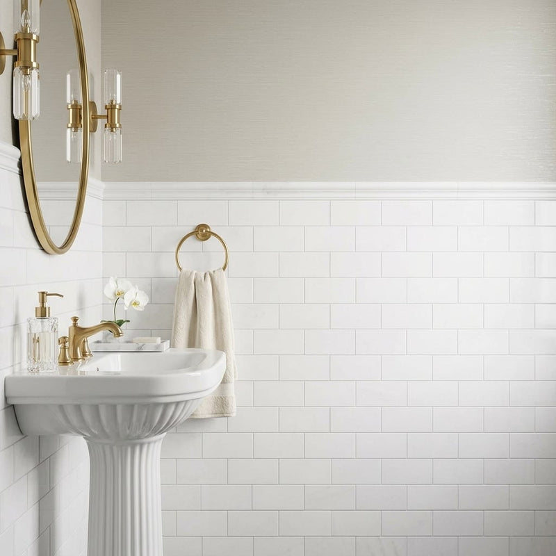 Thassos White (Greek) Marble 3x6 Honed Tile — Powder Room wainscot