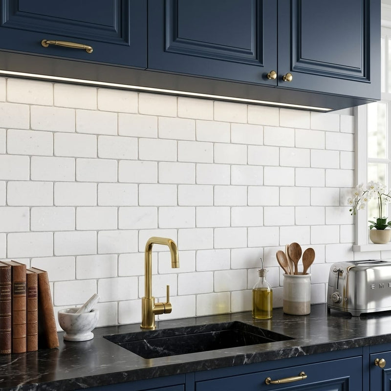Thassos White (Greek) Marble 3x6 Tumbled Tile — Kitchen backsplash