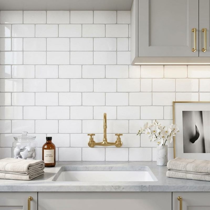 Thassos White (Greek) Marble 3x6 Tumbled Tile — Laundry Room backsplash