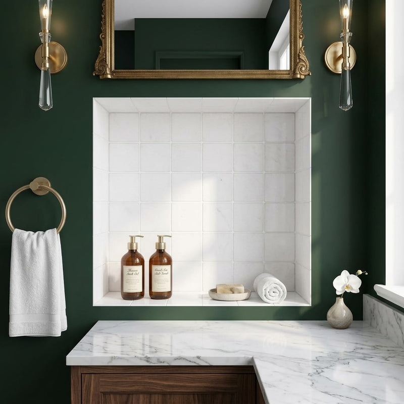 Thassos White (Greek) Marble 4x4 Tumbled Tile — Bathroom niche