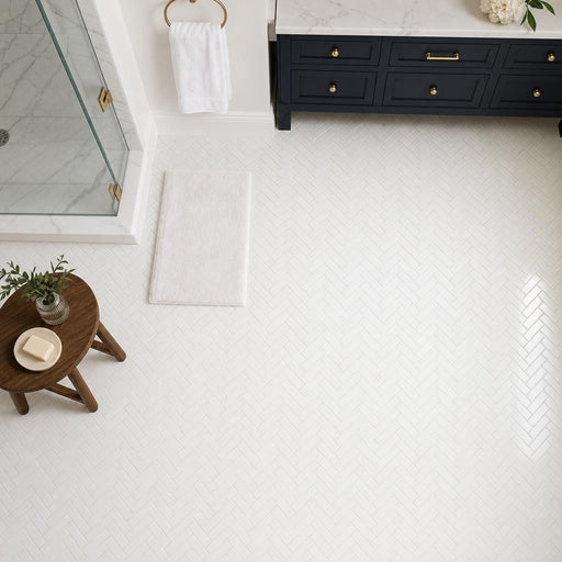 Thassos White Herringbone 1x2 Polished Marble Mosaic — Bathroom floor