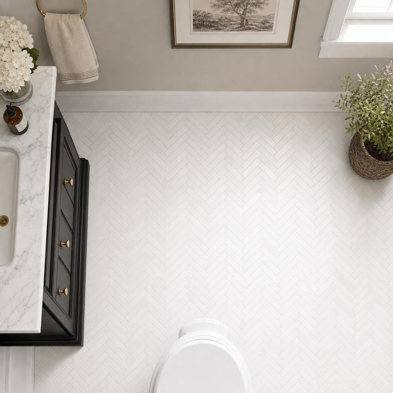 Thassos White Herringbone 1x2 Polished Marble Mosaic — Powder Room floor