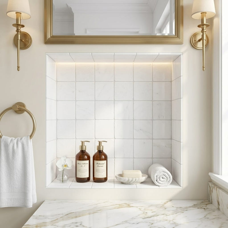Thassos White Tumbled 4x4 Marble Tile — Bathroom niche