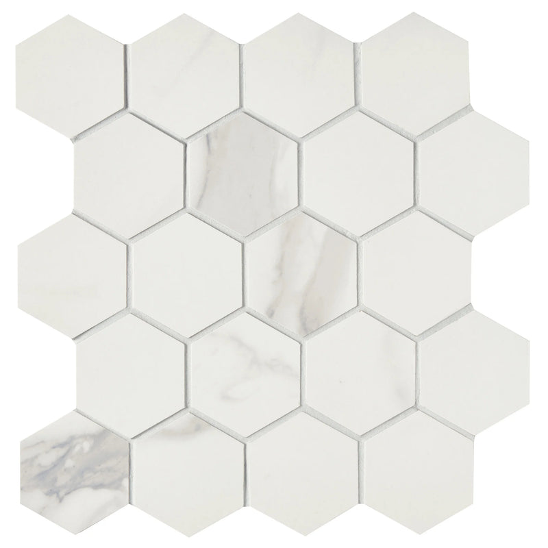 Themar Statuario V 2-3/8 Inch Hexagon Polished Porcelain Mosaic