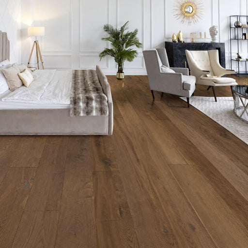 Timbertop Treviso European oak engineered hardwood flooring with warm brown tones and natural wood grain in a furnished bedroom.
