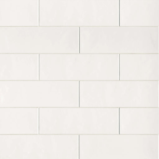 Tongue in Chic You Don't Snow Me 16x5 white ceramic wall tile in a staggered layout