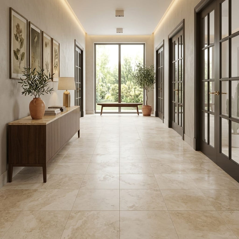 Torreon Stone 18x18 Filled & Honed Travertine Tile — Hallway floor
