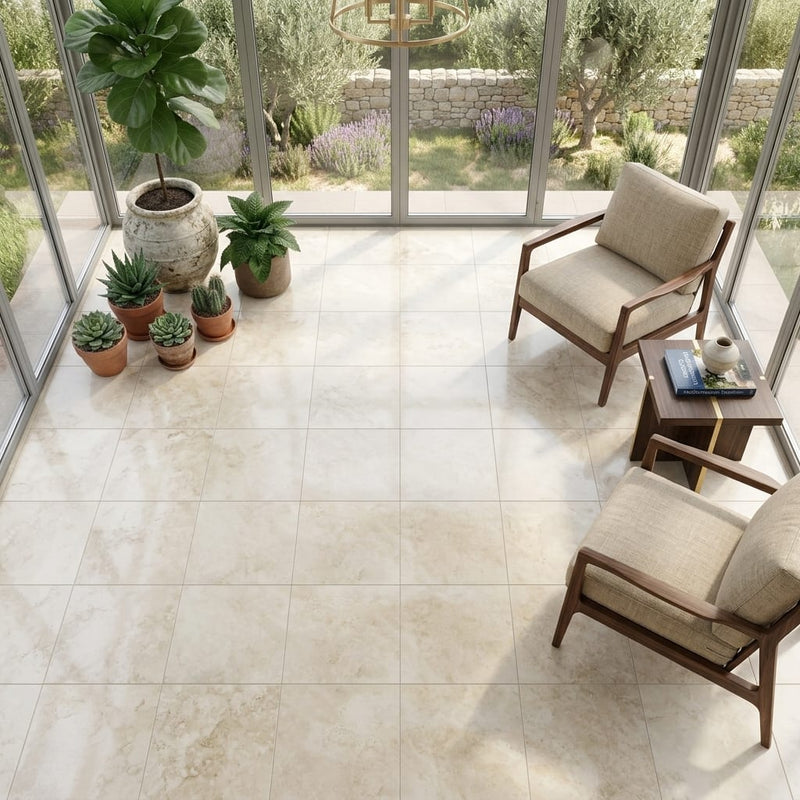 Torreon Stone 18x18 Filled & Honed Travertine Tile — Sunroom floor