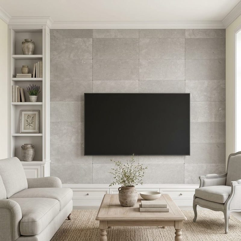 Touques Gris Limestone Tile 12x24 Honed 3/8 inch — Living Room feature wall