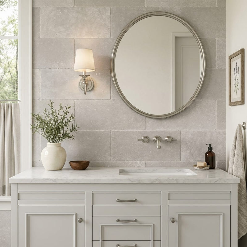 Touques Gris Limestone Tile 12x24 Tumbled 5/8 inch — Bathroom vanity wall