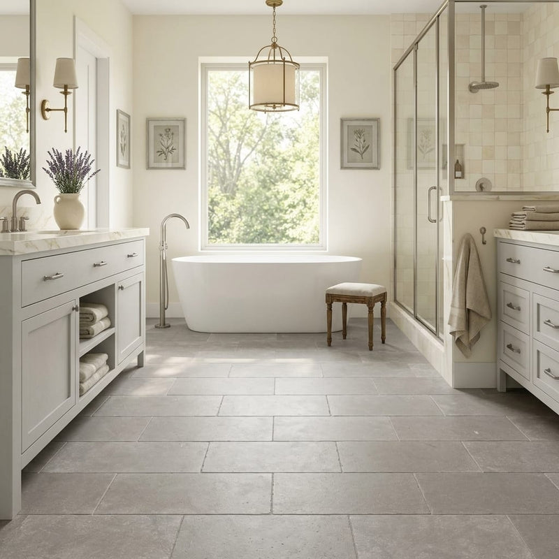 Touques Gris Limestone Tile 12x24 Tumbled 5/8 inch — Primary Bath floor