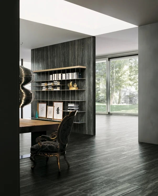 Travertino Black 24x48 Glossy Travertine Look Porcelain Tile