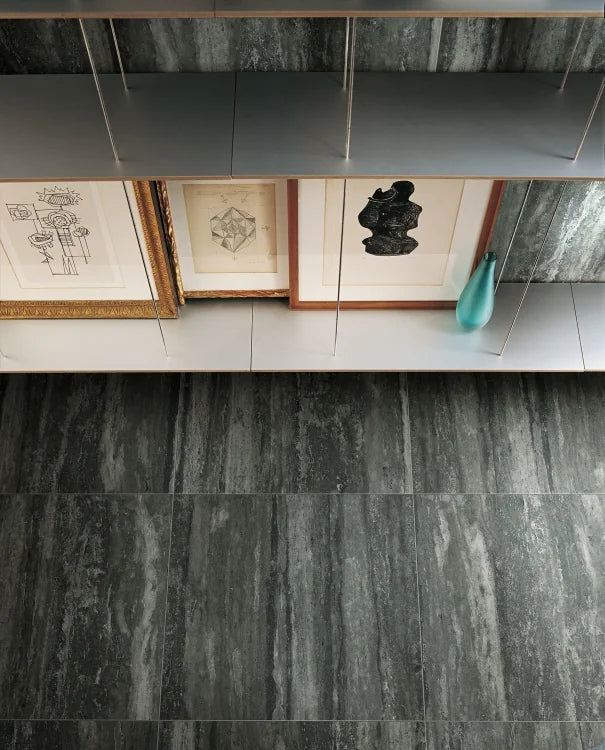 Travertino Black 24x48 Glossy Travertine Look Porcelain Tile