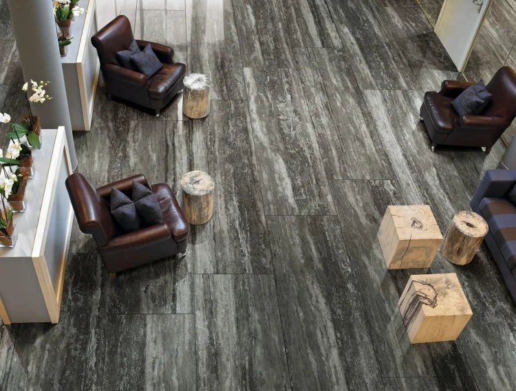 Travertino Black 24x48 Glossy Travertine Look Porcelain Tile