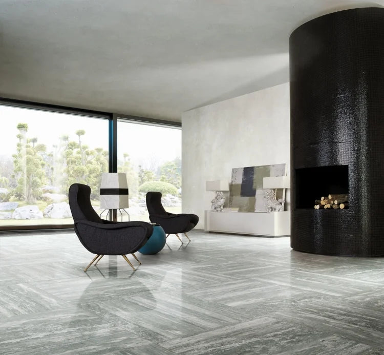 Travertino Grey 24x48 Glossy Travertine Look Porcelain Tile