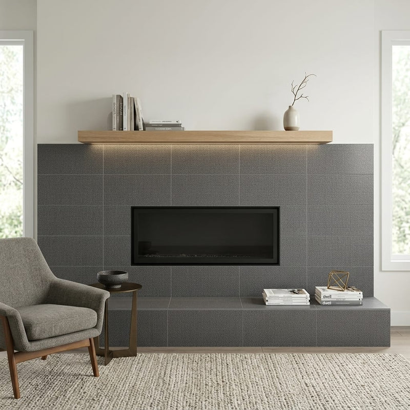 Trinity Lux Graphite 12x24 Porcelain Tile — Living Room fireplace surround