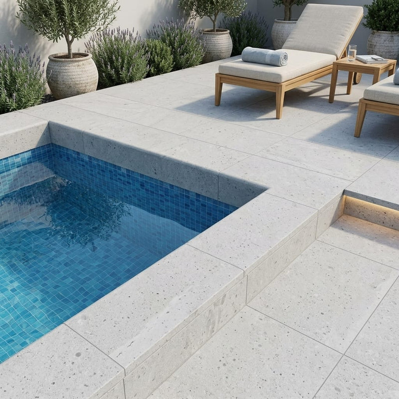 Tufa Limestone Coping 12x24 Honed Bullnose 1.25 inch pool coping — Swimming Pool pool edge drop-face coping