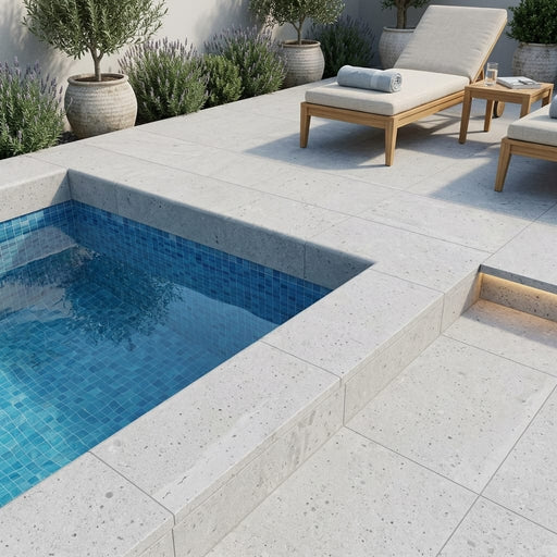 Tufa Limestone Coping 12x24 Honed Bullnose 1.25 inch pool coping — Swimming Pool pool edge drop-face coping