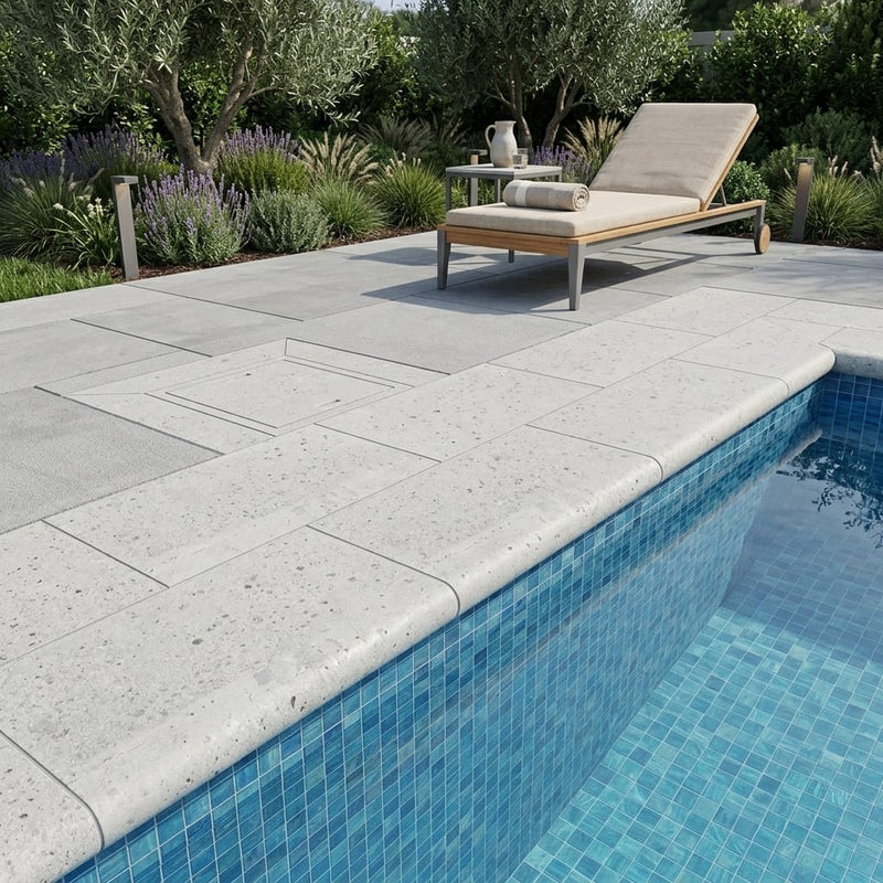 Tufa Limestone Coping 12x24 Honed Bullnose 1.25 inch pool coping — Swimming Pool remodel pool edge