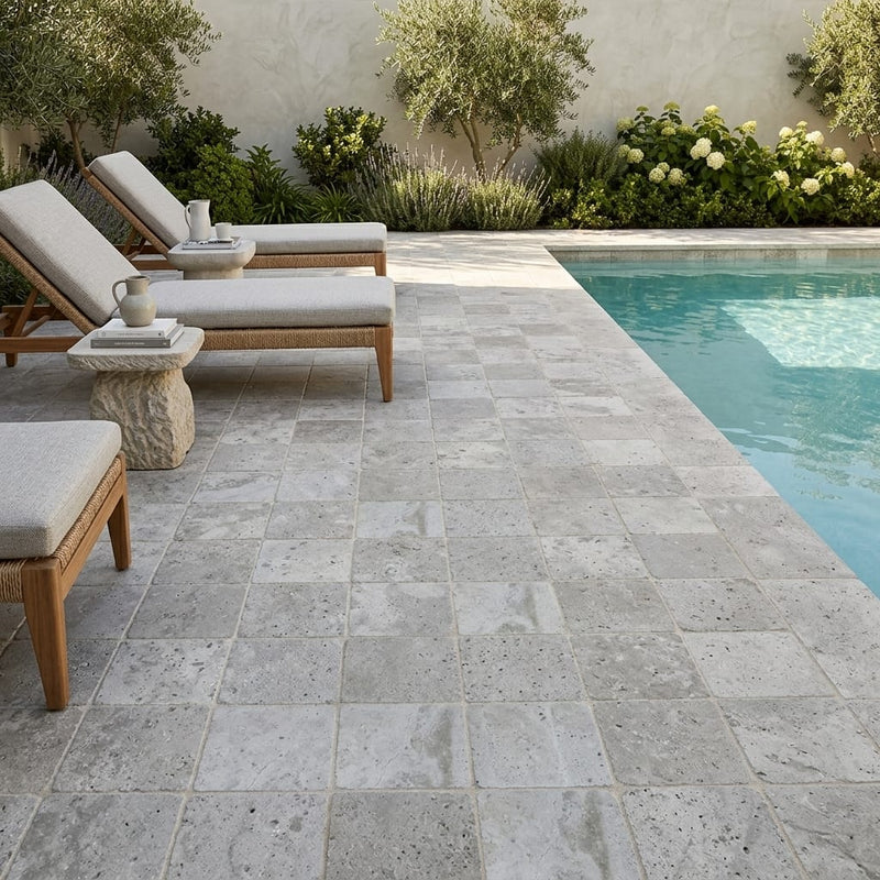 Tufa Limestone Paver 6x6 Tumbled 1.25 inch — Backyard pool deck