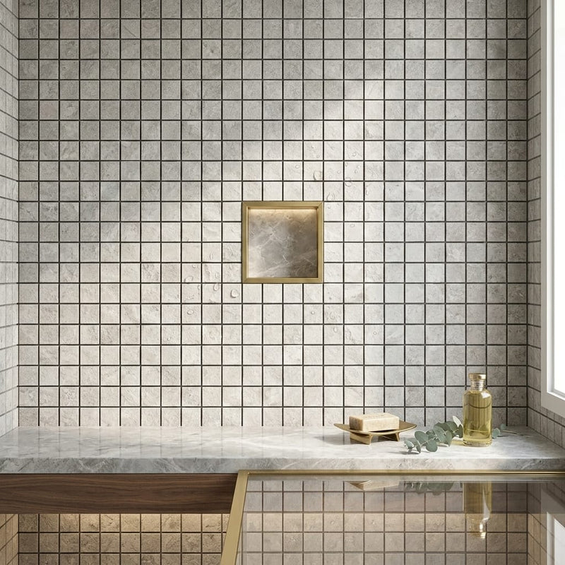 Tundra Gray Marble 1x1 Split-faced Mosaic — Bathroom shower floor