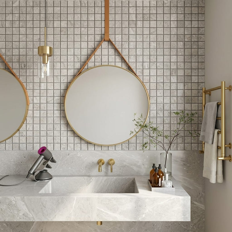 Tundra Gray Marble 1x1 Split-faced Mosaic — Bathroom shower wall