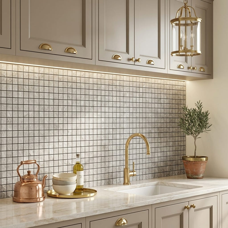 Tundra Gray Marble 1x1 Split-faced Mosaic — Kitchen backsplash