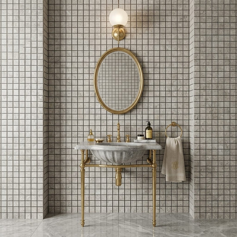 Tundra Gray Marble 1x1 Split-faced Mosaic — Powder Room wall