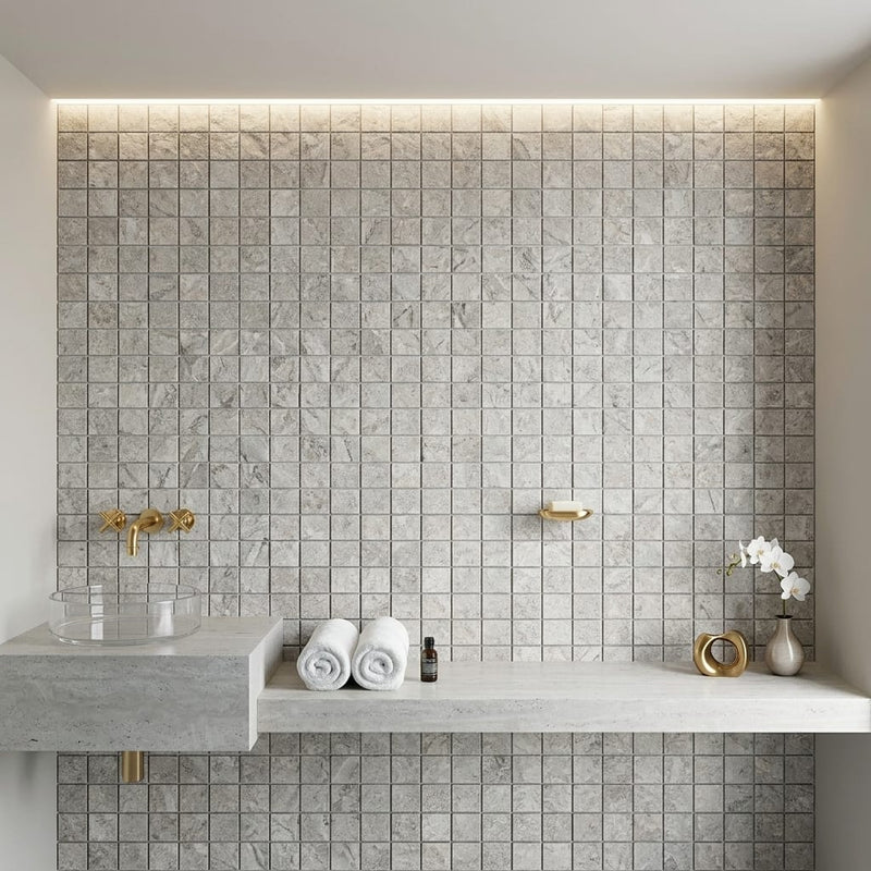 Tundra Gray Marble 1x1 Split-faced Mosaic — Spa spa interior
